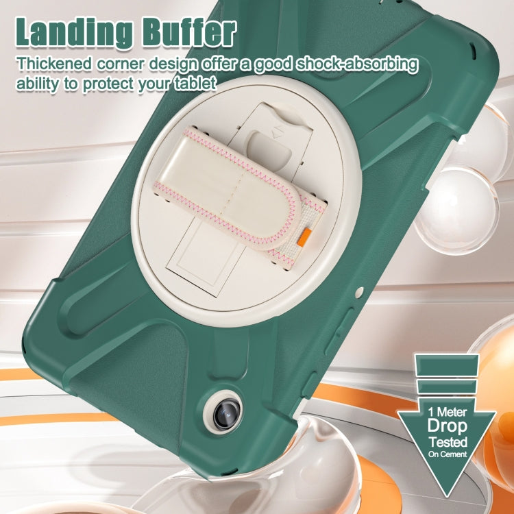 Samsung Galaxy Tab A9+ case featuring a rotary handle, pen slot, and shoulder strap, made from durable TPU and PC materials.